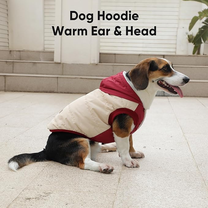 Fleece Lining Extra Warm Dog Hoodie in Winter,Small Dog Jacket Puppy Coats with Hooded,Beige and Red XS