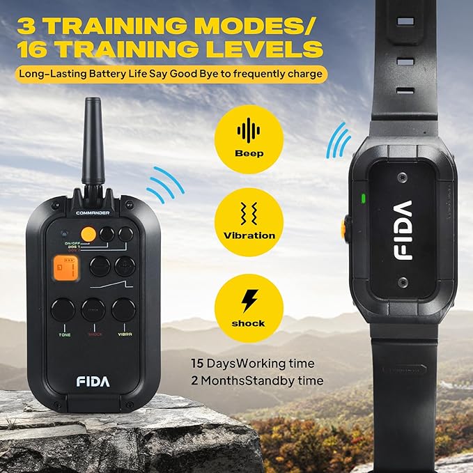 Fida Dog Shock Collar with Remote 3/4 Mile Range E Collar for Dogs Training, IPX7 Waterproof Rechargeable Dog Training Collar for Medium Large Dogs with 3 Modes: Viberation/Beep/Safe Shock(16 Levels)