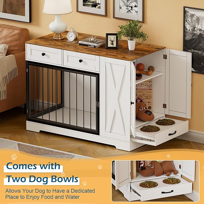 PAKASEPT Dog Crate Furniture, Dog Crate for Small to Large Dogs with Storage Cabinet and Feeder, Dog Kennel Furniture with Double Doors for Small/Medium/Large Dog