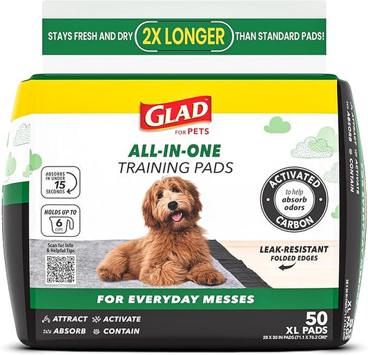Glad for Pets JUMBOSIZE/XL Charcoal Puppy Pads, AllinOne Black Training Pads That ABSORB & Neutralize Urine Instantly New & Improved Quality, 50 Count (Pack of 1)