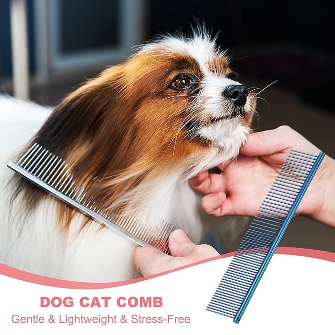 Dog Cat Comb, Pet Combs Stainless Steel Teeth with Rounded Ends for Knots Mats Loose Hair Removal, 7.5IN (Blue Plated, 3 Pack), Grooming Tool Intended for Long Curly Hair Pet