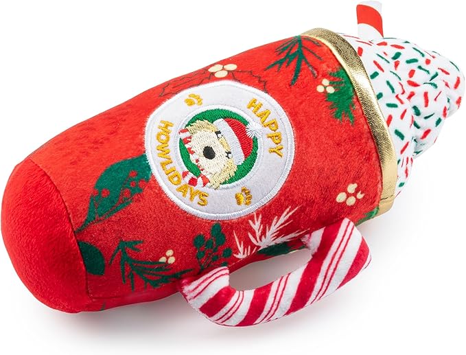 Haute Diggity Dog Howliday Cheer Mug Plush Dog Toy for Small, Medium & Large Dogs, Interactive Funny Holiday Squeaky Toys, Soft, Durable, Machine-Washable, Safe & Cute Birthday Gift for Dogs, One Size