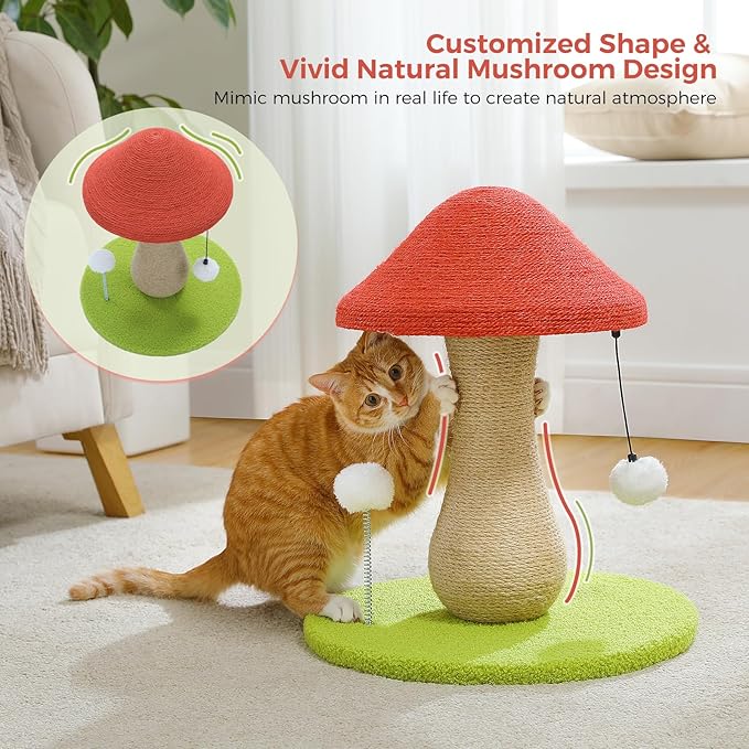 PETEPELA Mushroom Cat Scratching Post, Cat Scratcher Cute with 100% Sisal Covered Scratching Post & Pompoms Toy, Mushroom Cat Post for Indoor Cats