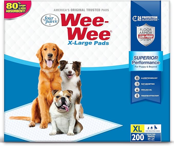 Four Paws Wee-Wee Superior Performance Unscented Extra-Large Pee Pads for Dogs & Puppies, Quilted Leak-Proof Dog Housebreaking Potty Training Floor Protection, 28" x 34", 200 Count
