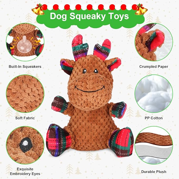 Christmas Dog Toys,2 Packs of Cute Santa Claus and Reindeer Shapes,Squeaky Plush Interactive Chew Pet Toys,Gifts for Small Medium and Large Dogs