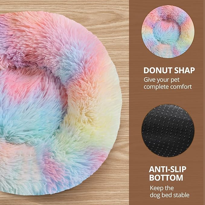 JOLLYVOGUE Calming Dog Bed Large Size Dog, Anti-Anxiety Donut Large Pet Bed, 36 inches Fluffy Faux Fur Round Cat Bed, Fits up to 75 lbs Pets (Rainbow)