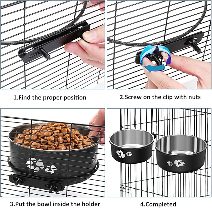 Kennel Water Bowls No Spill, 2pack Stainless Steel Dog Food & Water Bowls for Kennel Cage Crate, Hanging Pet Bowls for Small and Large Dogs, Cats...(7.1 * 2.8”& 6.3 * 2.6”)