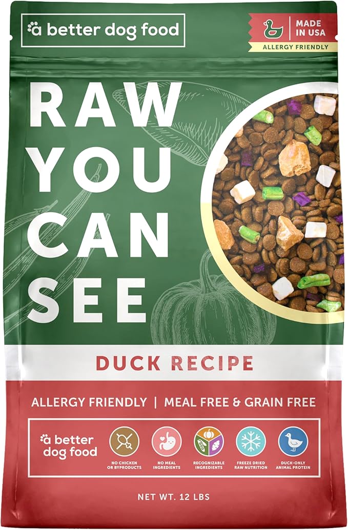 A Better Treat | Allergy Friendly Duck Dry Dog Food | Raw You Can See | No Chicken, Duck Only Animal Protein, No Meal Ingredients, Grain Free | Stomach Soothing Kibble + Freeze Dried Raw Dog Food