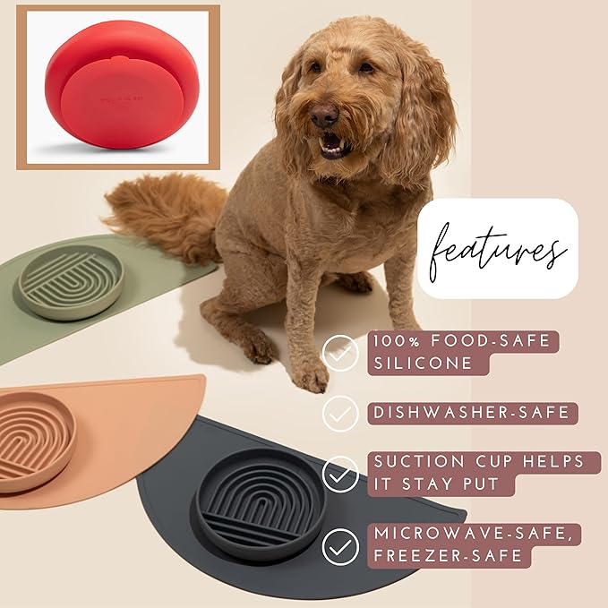 Should We Go? Slow Feeder for Dogs & Puppies, The Slowdown Bowl Silicone Slow Eating, Modern Lick Mat Design, Reduces Gulping, Fits 2 Cups, 7.5” Across x 1.5” Tall, Mealtime Challenge, Medium-Cherry