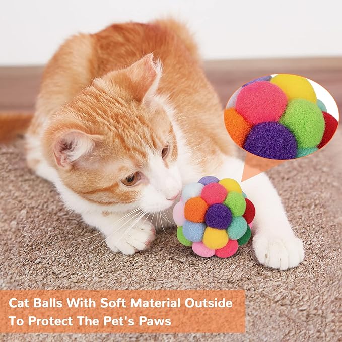 Retro Shaw Cat Toys Balls, 6Pcs Woolen Yarn Cat Ball Toy with Bell Inside, Interactive Kitten Toys for Indoor Cats Kitty, Chew Toys Jingle Pompom Ball with String