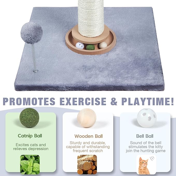 Fantasreen 31" Cat Scratching Post Kitten Toys for Indoor Cats, Interactive Cat Scratcher with Catnip Balls, Sisal Scratch Rope for Large Cats, Grey