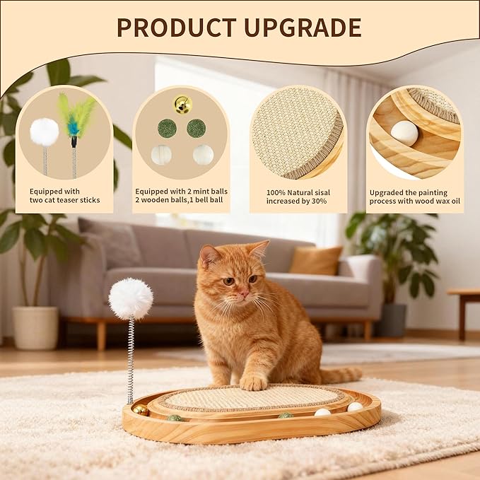 Sisal Cat Scratcher Toy,Cat Natural Sisal Scratching Pad,Wooden Interactive Toy for Indoor Cats with Cat Ball Track