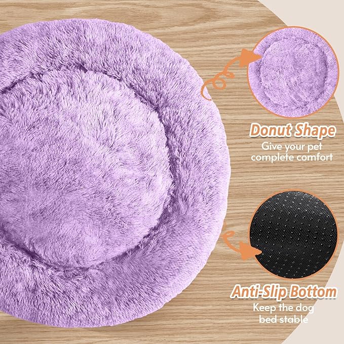 JOLLYVOGUE Calming Dog Bed Medium Size Dog, Anti-Anxiety Donut Medium Pet Bed, 31 inches Fluffy Faux Fur Round Cat Bed, Fits up to 45 lbs Pets (Purple)
