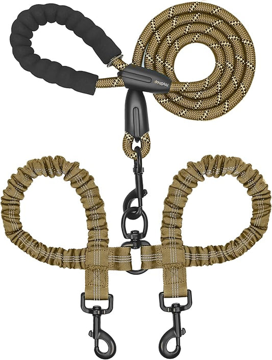 iYoShop Dual Dog Leash - 360° Swivel, No Tangle Walking Leash with Shock Absorbing Bungee for Two Dogs (Large, 25-150 lbs, Khaki)