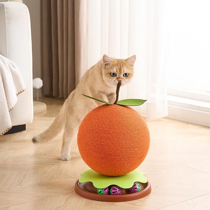 3-in-1 Modern Cat Ball Scratcher & Cat Toys for Indoor Cats/Kittens, Cute Orange/Frog/Bee Design with Bell Ball Track, Natural Sisal Cat Scratching Post, Space-Saving Interactive Cat Scratcher