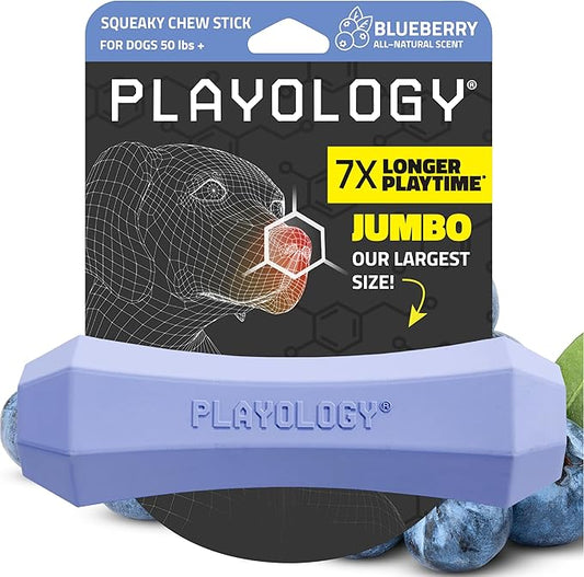 Playology Dog Toys | Durable Squeaky Chew Stick for Dogs | Jumbo Blueberry Scented Toy - Easy to Clean and Made from Non Toxic Materials