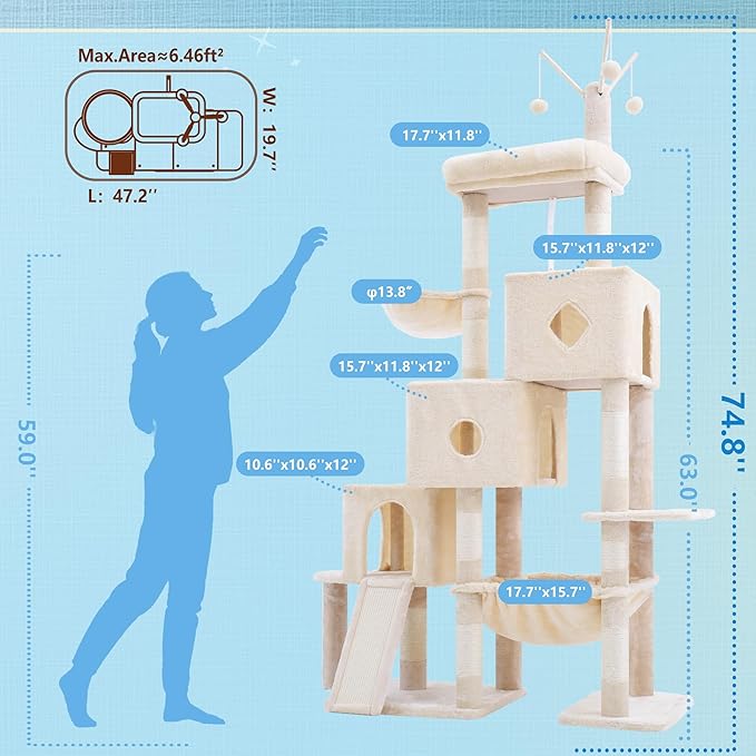 Hey-brother Cat Tree Tower, Scratching Posts with 3 Condos, Large Basket, Cozy Bed, Sisal Board, Step-by-Step Climbing Pathway and Toys, 74.8 inches Furniture for Big Indoor Cats, Beige MPJ081M