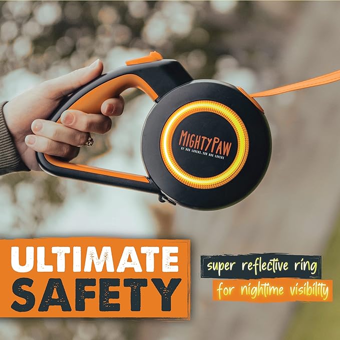 Mighty Paw Retractable Dog Leash 2.0 | 16' Heavy Duty Reflective Nylon Tape Lead for Pets up to 0-50 lbs. Tangle Free Design W/One Touch Quick-Lock Braking System & Anti-Slip Handle (Orange/Lite)