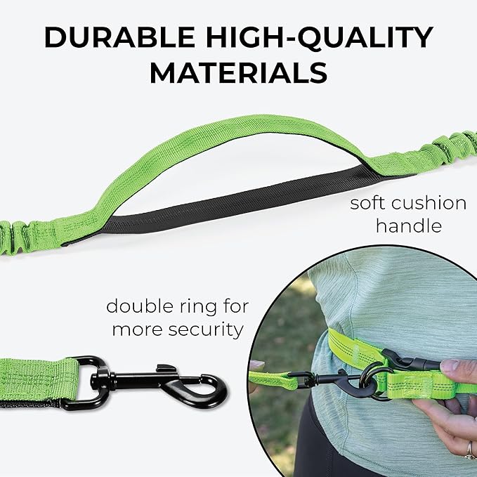 Squirrel Products Hands Free Dog Leash with Hip Belt/Crossbody Strap, Zipper Pouch, and Shock Absorbing Bungee for Walking or Jogging with pet (Green, Black)
