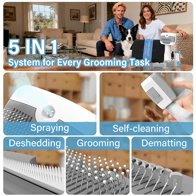 Pet Steam Brush for Dogs & Cats,5-in-1 Self-Cleaning Dog Steam Brush with 3 Swap-in Heads (Grooming, Dematting, Deshedding),Cat Spray Hair Removal Comb,Includes Pet Essence & Storage Case