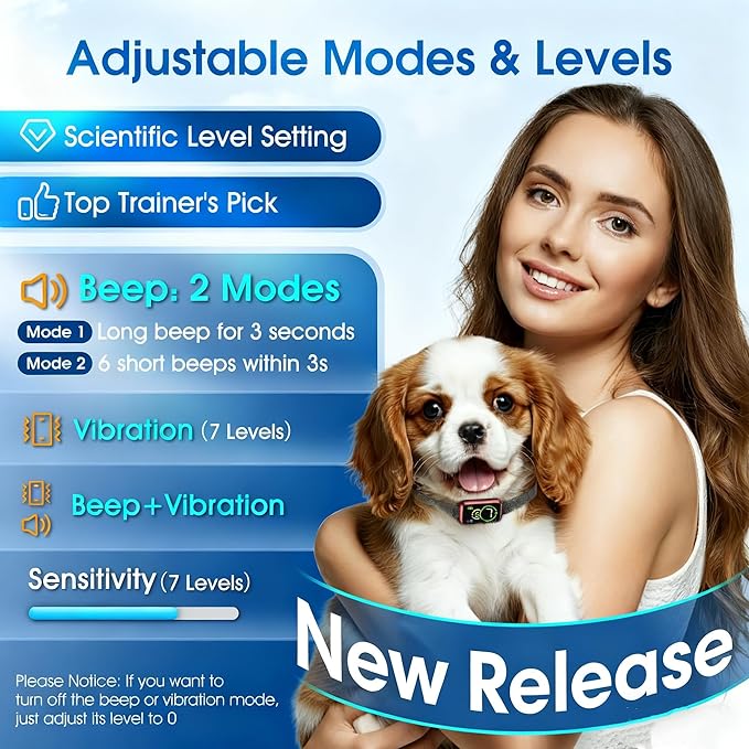 1S Stop Barking Smart Dog Bark Collar, Humane Anti Barking Device with Beep & Vibration, 7 Adjustable Sensitivity, Ultra-Light Bark Collar for Small Medium Large Dogs IP67 Waterproof Indoor Outdoor