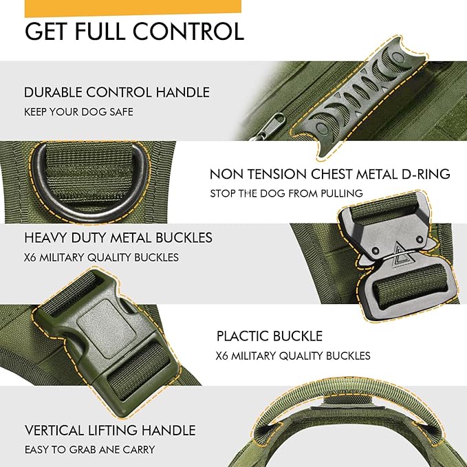 Tactical Dog Backpack Harness for Large Breed Original Design Metal Buckle Vest with Side Bags Pouches for Service Working Training (Green(Vest only), XL)