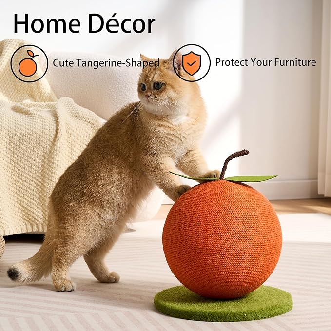 Orange Cat Scratching Post, Cute Cat Scratcher with Sisal Rope, Cat Scratch Post for Indoor Adult Cat and Kitten, Cat Scratching Ball