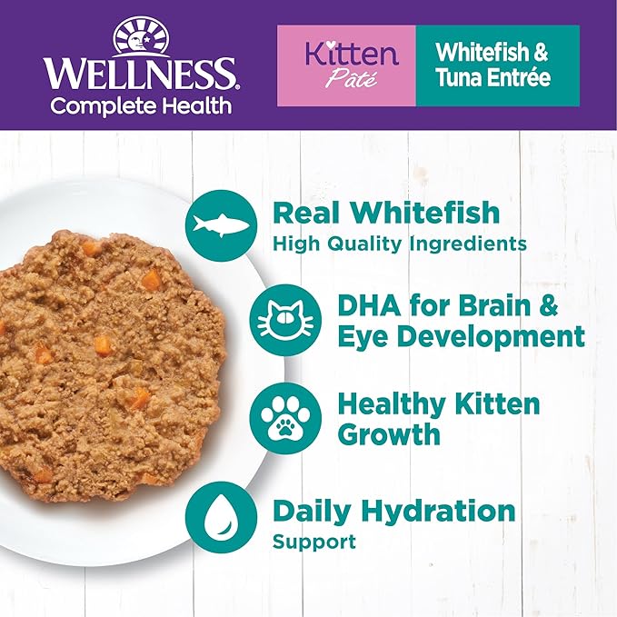 Wellness Complete Health Pate Kitten Wet Cat Food, Natural, Protein-Rich, Grain-Free, 3 Ounce, 24 Pack, (Whitefish & Tuna)