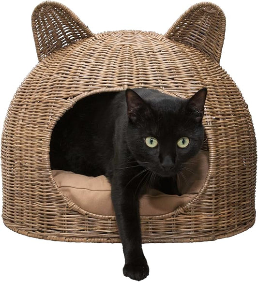 CBD1000A Cat Ear 20" x 14.5" Coastal Handwoven Rattan Cat Bed with Machine-Washable Cushion, Natural