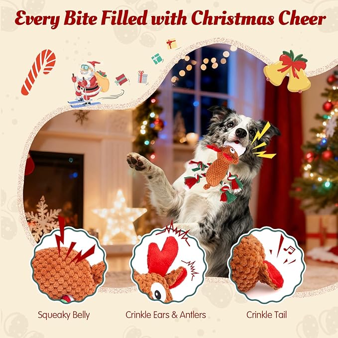 Christmas Dog Toys - Rope Reindeer Durable Squeaky Plush Dog Toy for Small, Medium & Large Dogs, Soft Xmas Gift for Pets