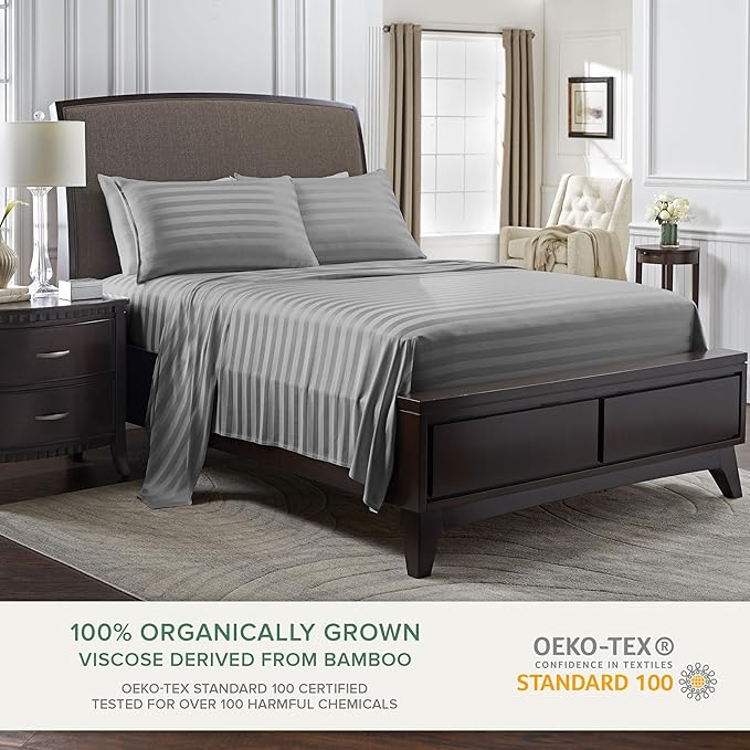 Pure Bamboo Twin Sheets, Genuine 100% Organic Viscose Derived from Bamboo Bed Sheet Set, Luxuriously Soft & Cooling, Double Stitching, 2 Year Quality Promise (Twin, Jacquard Stone)