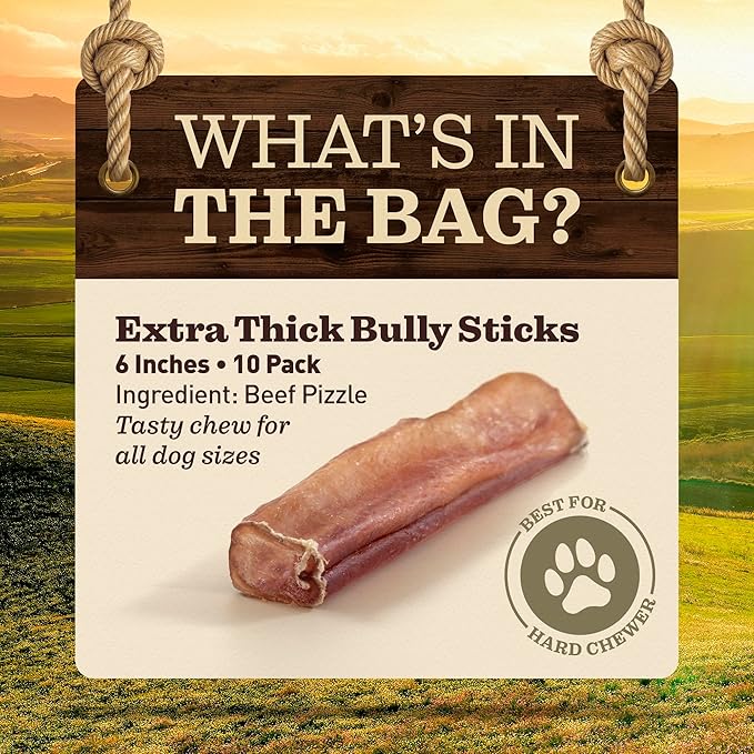 Pet Odor-Free Extra Thick Jumbo Bully Sticks for Large Dogs (6", 10 Pack) – All-Natural, Long-Lasting Dog Chews Made from 100% Grass-Fed Beef, High-Protein & Grain-Free.