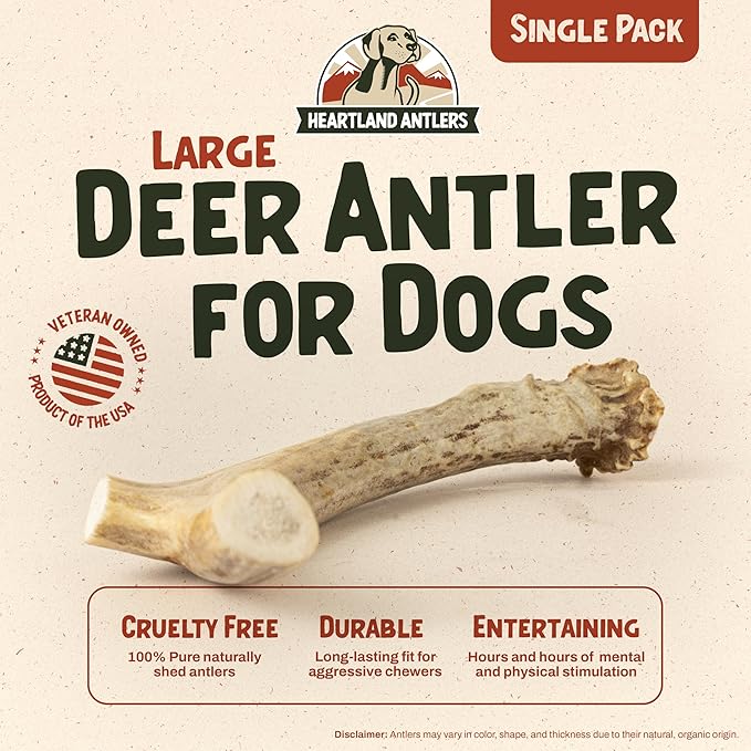 Heartland Deer Antlers for Dogs - Daily Dental Care Chews for Aggressive Chewers to Reduce Plaque & Prevent Destructive Behavior (Large, 6-8", 1-Pack, Grade A, USA Made)