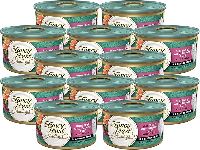 Purina Fancy Feast Wet Cat Food, Medleys Shredded Wild Salmon Fare with Spinach in a Savory Cat Food Broth - 3 oz. Can (Pack of 12)
