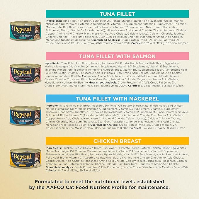 Reveal Entrées Natural Wet Cat Food Paté, Grain-Free with Added Vitamins & Minerals, Carrageenan-Free and High Protein, Variety Selection in Pate (20 x 2.47 oz cans)