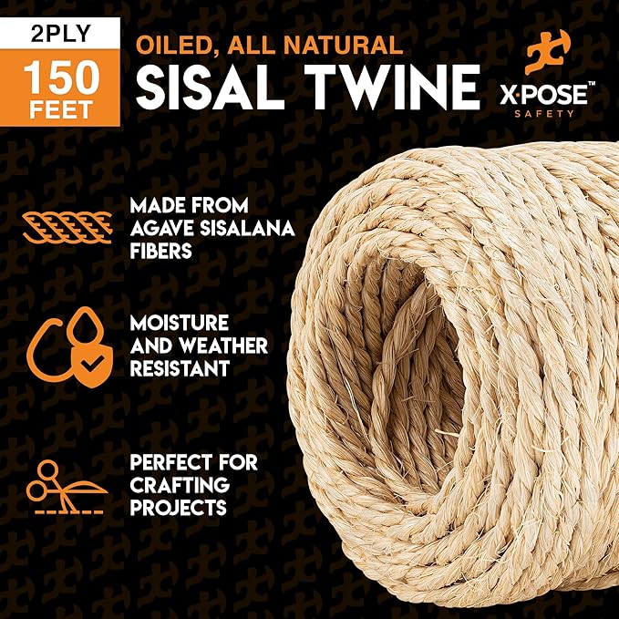 Sisal Twine - 2 Ply 150 Ft Thin Natural Fiber Rope on Spool - Rope for Cat Scratching Post, Cat Tree Replacement Parts, Pet Toy - Decorative Cordage for Crafts, Pole Wrap 6 Pack