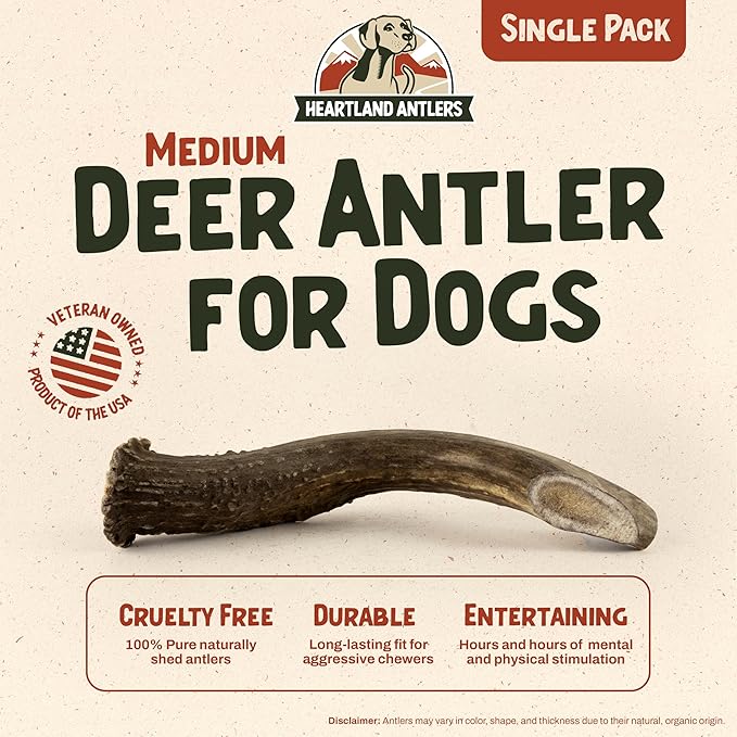Heartland Deer Antlers for Dogs - Daily Dental Care Chews for Aggressive Chewers to Reduce Plaque & Prevent Destructive Behavior (Splinter Free, Medium, 5–6", 1-Pack, Grade A, USA Made)
