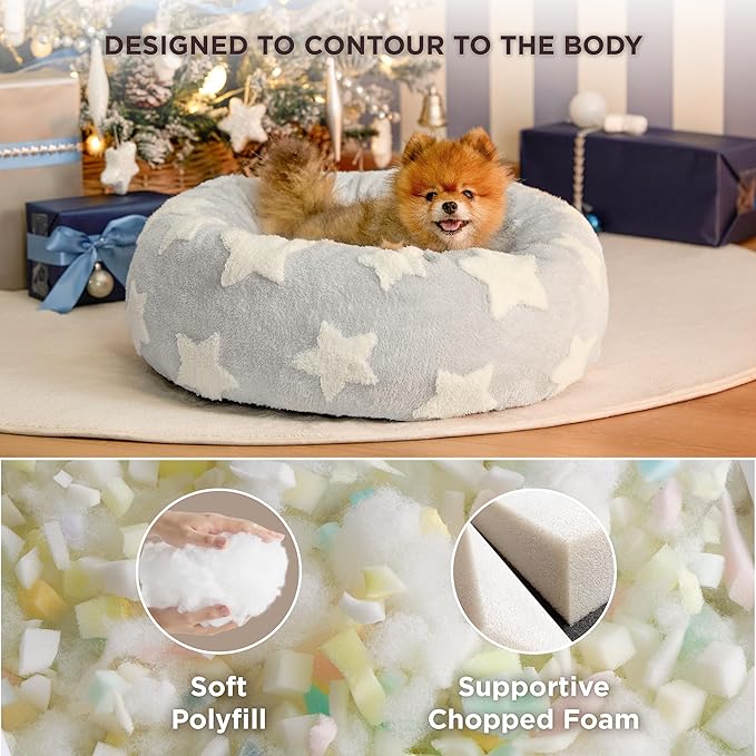 LE SURE Donut Small Dog Bed - Round Cat Beds Indoor Anti-Anxiety Calming Gift for Pets, Washable Cute Modern Beds with Jacquard Shaggy Plush & Anti Slip Bottom, 23 Inch, Christmas Grey