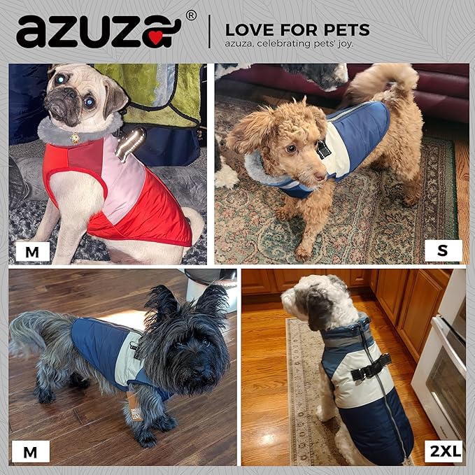 azuza Dog Jacket for Small Dogs Waterproof Dog Coat with Reflective Strips and Harness Built in Warm Fleece Dogs Winter Coat Windproof with Back Zipper, Red L