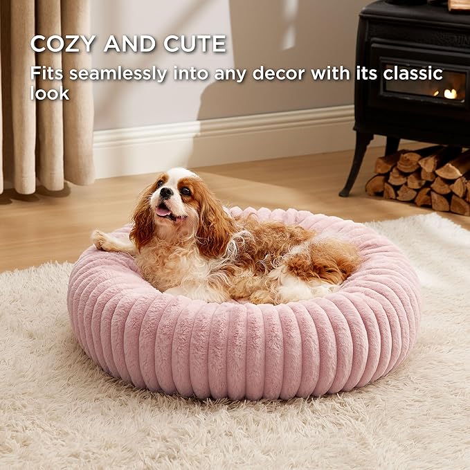 Bedsure Donut Medium Dog Bed - Washable Faux Fur with Corduroy Fleece & Anti Slip Bottom, Round Pet Bed with Removable Cover, Blush Pink, 30x30x8 inches