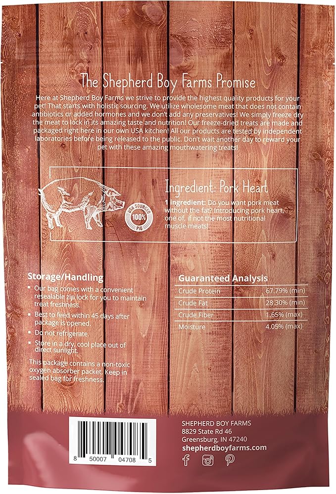 Shepherd Boy Farms Freeze Dried Dog and Cat Treats, Pork Heart, All Natural Single Ingredient Freeze-Dried Treat & Snacks, Made in USA, High Protein, Essential Nutrition of Raw Dog Food, 8oz