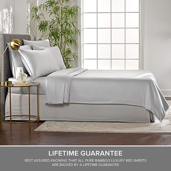Pure Bamboo Split King Sheets, Genuine 100% Organic Viscose Derived from Bamboo Bed Sheet Set, Soft & Cooling, Double Stitching, 2 Fitted Sheets (Split King, Silver Pearl)