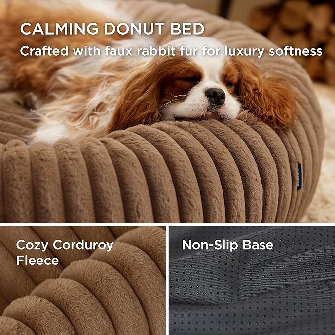 Bedsure Donut Medium Dog Bed - Washable Faux Fur with Corduroy Fleece & Anti Slip Bottom, Round Pet Bed with Removable Cover, Camel Brown, 30x30x8 inches