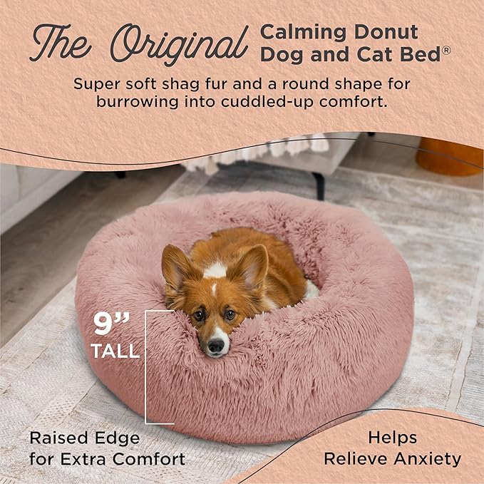 Best Friends by Sheri Original Calming Donut Dog and Cat Bed, Shag Faux Fur, Dusty Rose, (30in x 30in) - Anxiety Relief for Pets Up to 45 lbs
