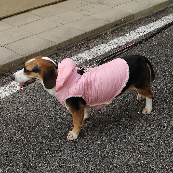 Fleece Lining Dog Hoodie with Harness Built in,Extra Warm Medium Dog Jacket in Winter Doggie Coats with Drawstring Hooded,Light Pink XL