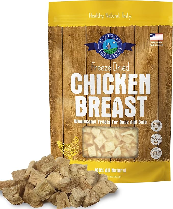 Shepherd Boy Farms Freeze Dried Dog and Cat Treats, Chicken Breast, All Natural Freeze-Dried Dog Treat & Snacks, Made in USA, High in Protein, Nutrition of Raw Food, Single Ingredient, 8oz