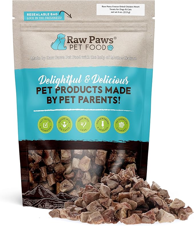 Raw Paws Freeze Dried Chicken Hearts for Dogs, 4-oz, Diced - Made in USA - Hearts for Dogs - Single Ingredient - Freeze Dried Chicken - High Protein Pet Treats