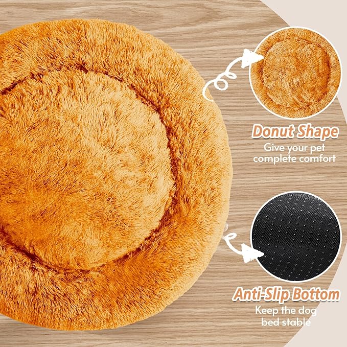 JOLLYVOGUE Calming Dog Bed Medium Size Dog, Anti-Anxiety Donut Medium Pet Bed, 31 inches Fluffy Faux Fur Round Cat Bed, Fits up to 45 lbs Pets (Orange)