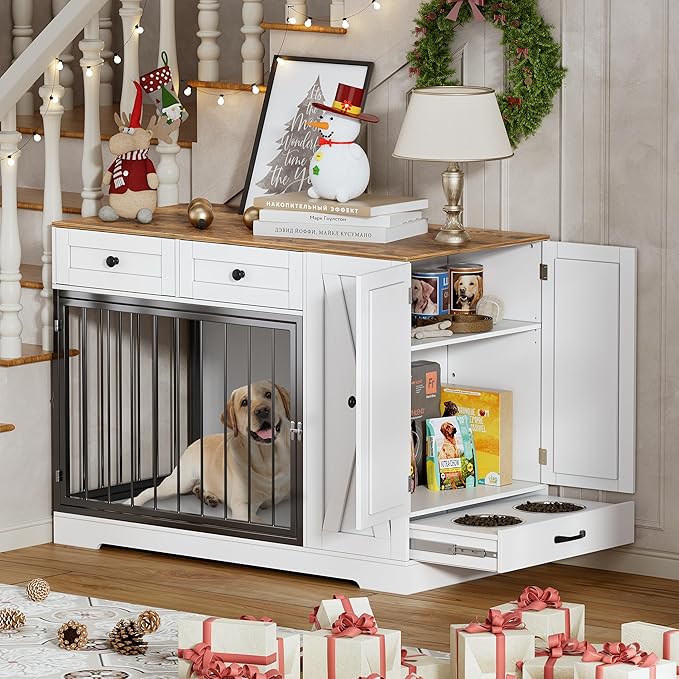 PAKASEPT Dog Crate Furniture, Dog Crate for Small to Large Dogs with Storage Cabinet and Feeder, Dog Kennel Furniture with Double Doors for Small/Medium/Large Dog