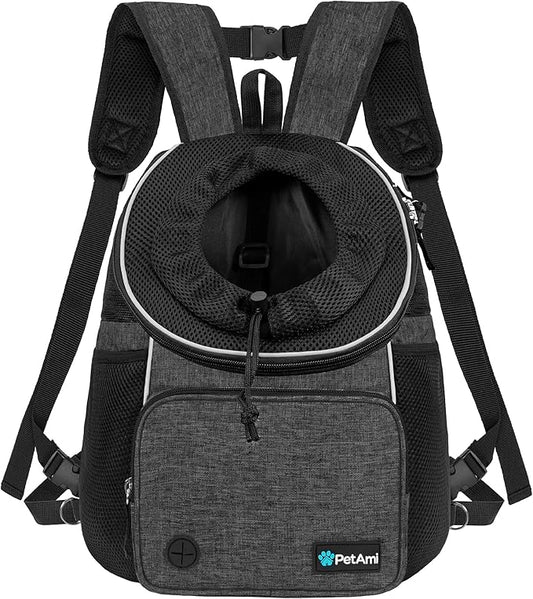 PetAmi Adjustable Dog & Cat Chest Carrier Backpack, Ventilated for Hiking & Camping, Small to Large Pets Up to 15 lbs, Dark Gray